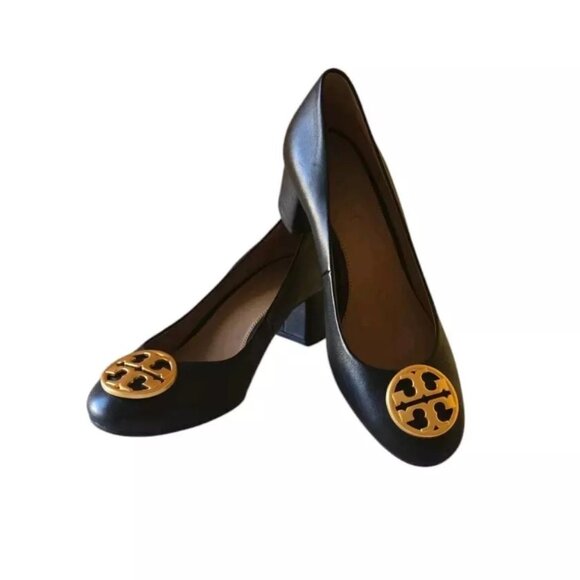 Tory Burch Shoes - Tory Burch Women's Chelsea Pump 50mm Black Nappa Leather Gold Logo Slip-On Pump